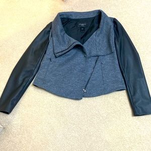 Ann Taylor grey flannel jacket with faux leather sleeves and asymmetric zipper